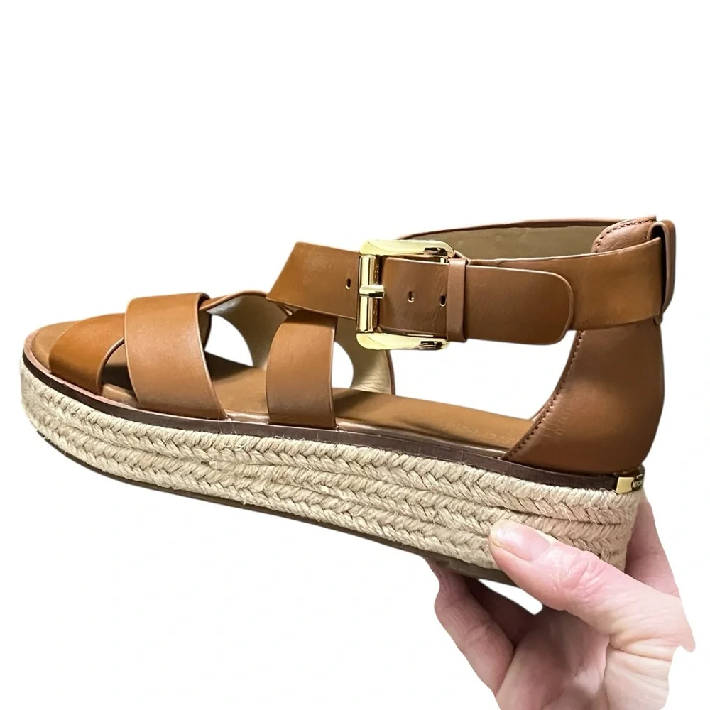 MICHAEL Michael Kors Tan Leather Espadrille Sandals with Gold Buckle